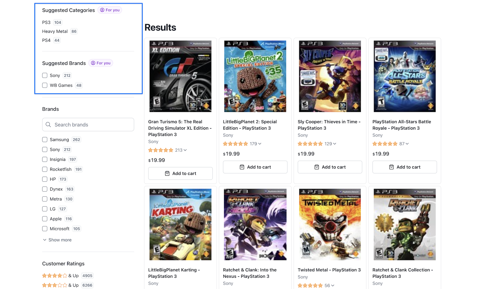 Storefront displaying personalized search facets through filtering
