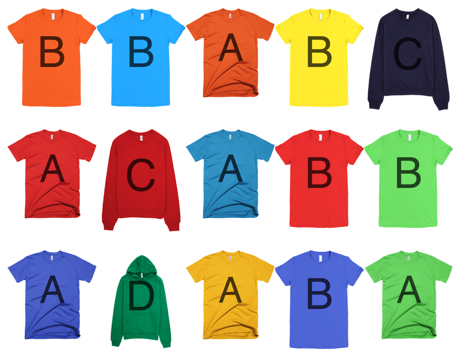 Two t-shirt and two sweatshirt designs in several colors