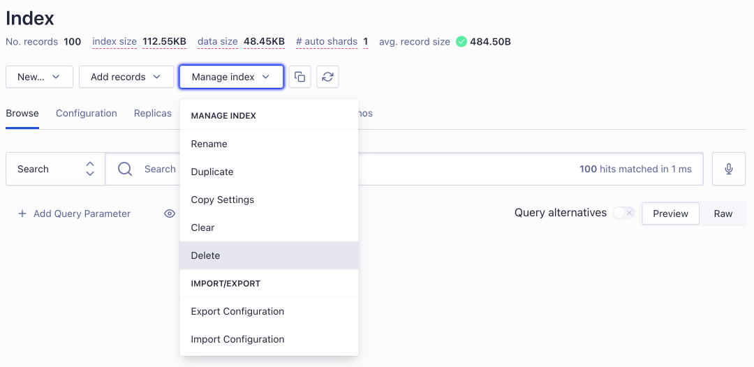 Delete an index from the Algolia dashboard.