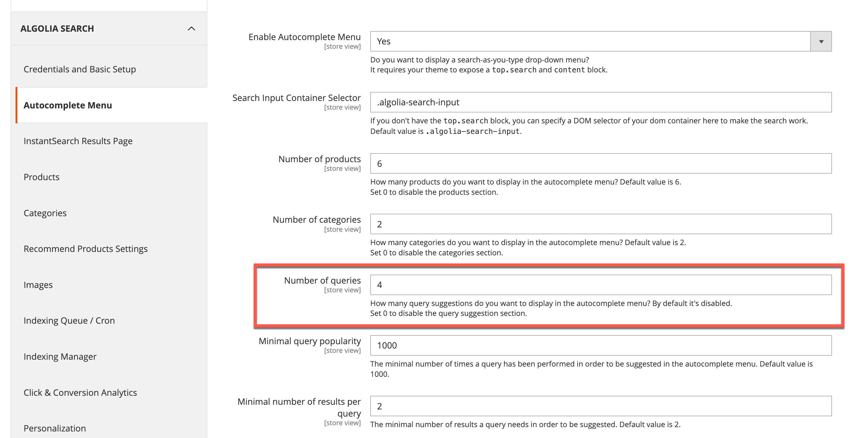 Configure suggestions