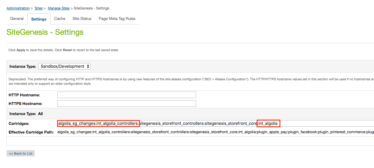 Add the Algolia cartridge to the SiteGenesis site installation cartridge path
