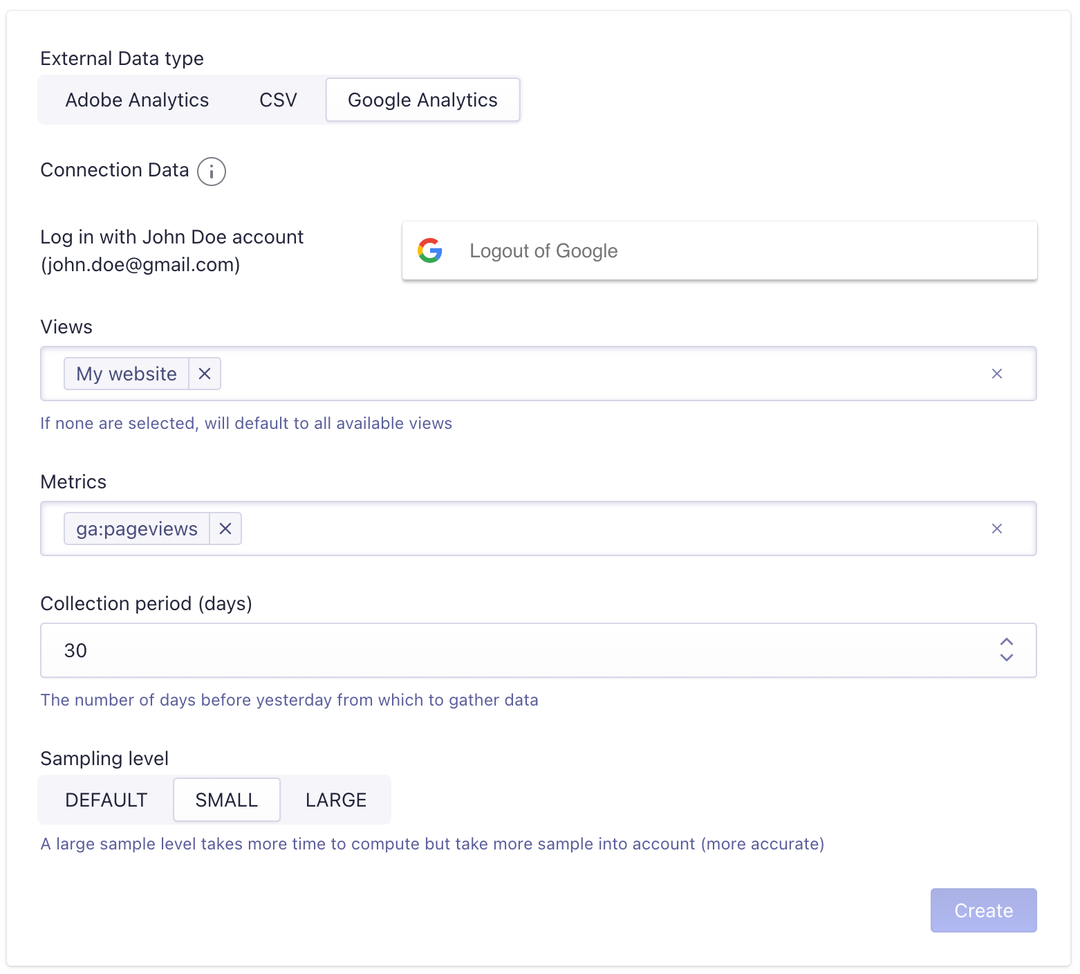 Create a Google Analytics external data source